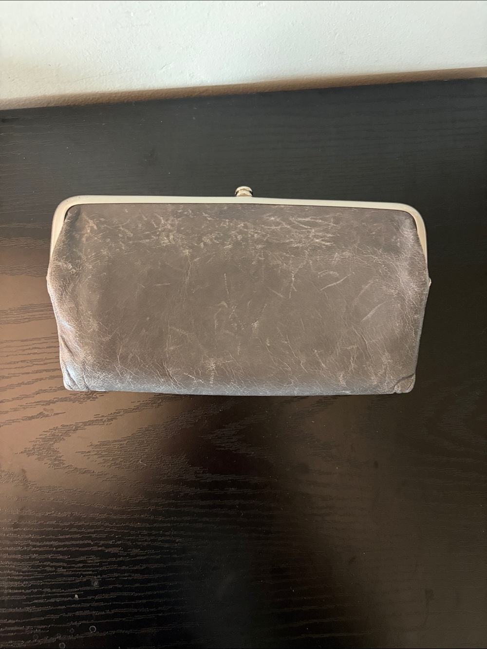 HOBO Distressed Gray Leather Kiss-Lock Clutch